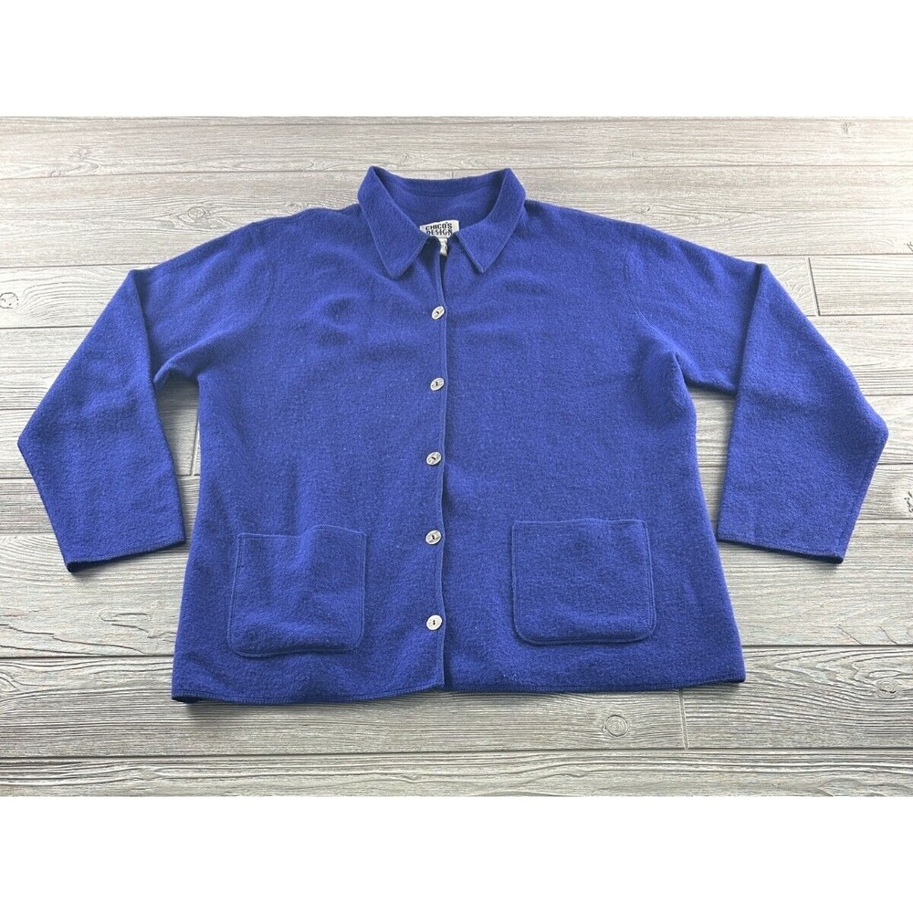 Chicos Design Blue 100% Wool Lightweight Button Up Overshirt Jacket Size 3